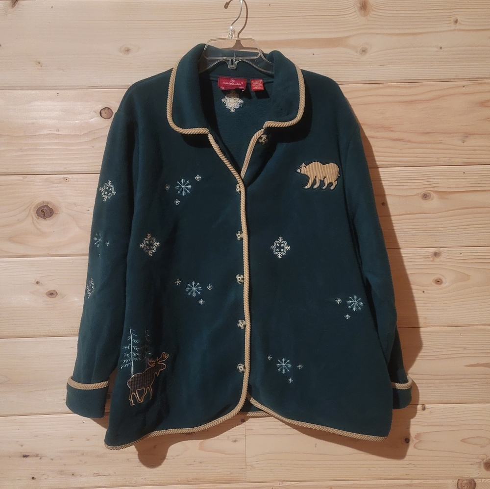 Vintage Women's Fleece Jacket with Animal Embroidery & Snowflakes Size 3X 27x28